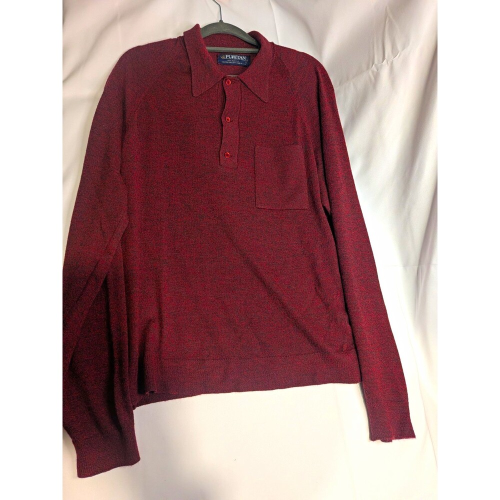 Puritan Men's Burgundy Solid Collared Button Knit Pullover Sweater Size L